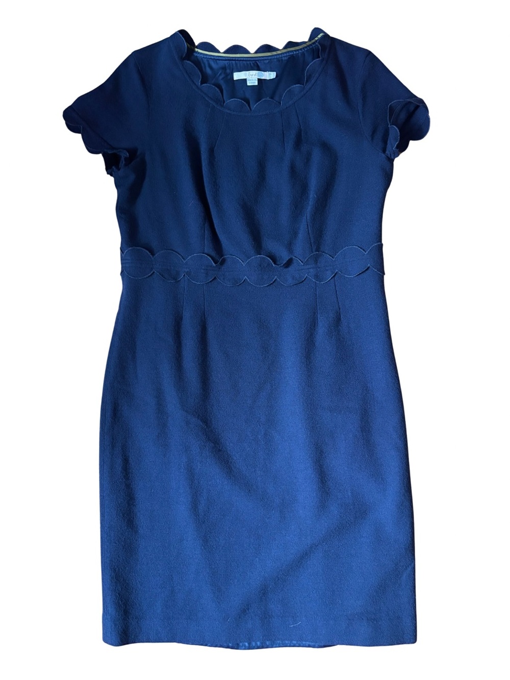 Boden Navy Scallop-Trim lined Sheath Dress with Boucle/wool texture